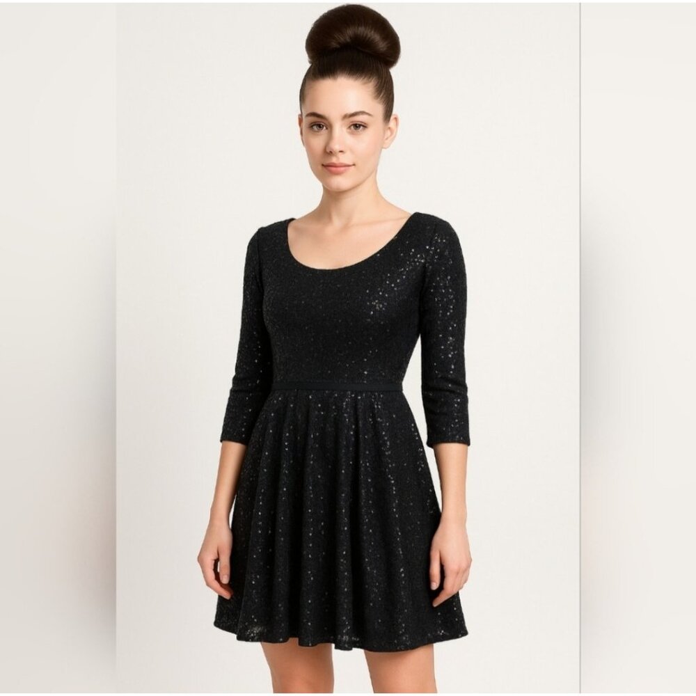 Maia Dress Womens Sz 4 Black Sequins Skater Short 3/4 Sleeve Cocktail Party Prom